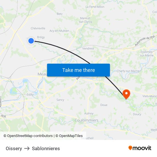 Oissery to Sablonnieres map