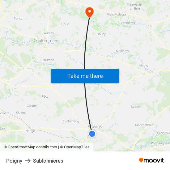 Poigny to Sablonnieres map