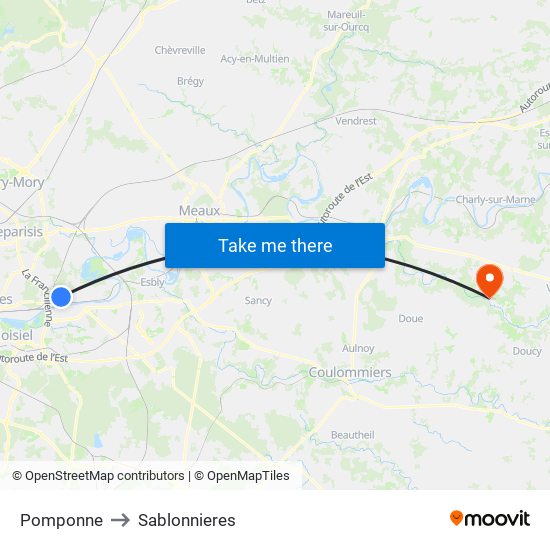 Pomponne to Sablonnieres map