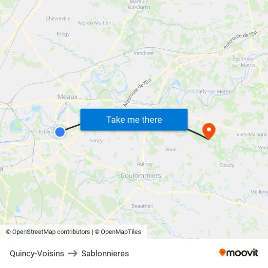 Quincy-Voisins to Sablonnieres map