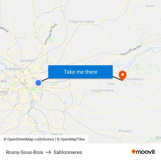 Rosny-Sous-Bois to Sablonnieres map