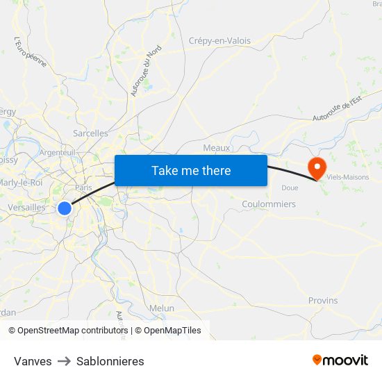 Vanves to Sablonnieres map