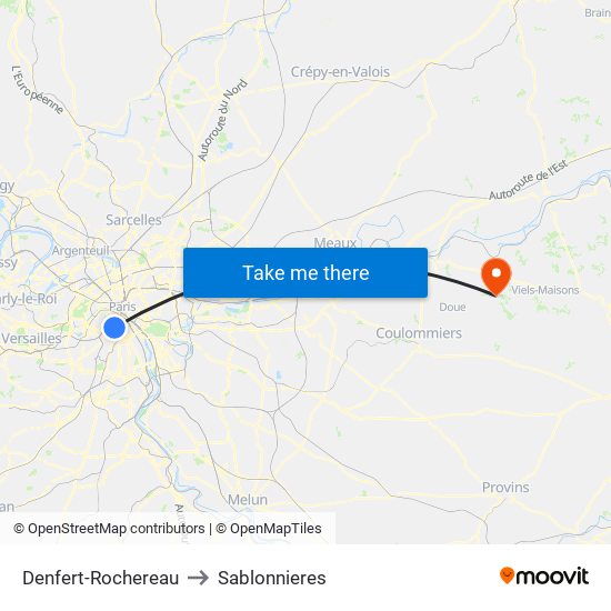 Denfert-Rochereau to Sablonnieres map