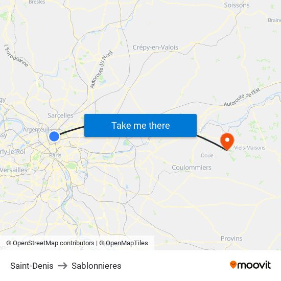 Saint-Denis to Sablonnieres map