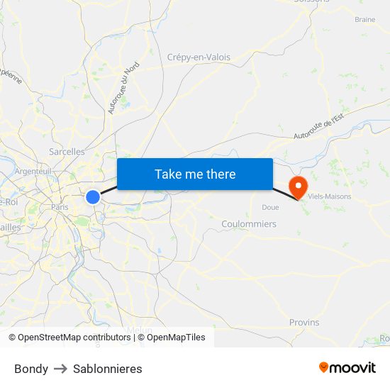 Bondy to Sablonnieres map