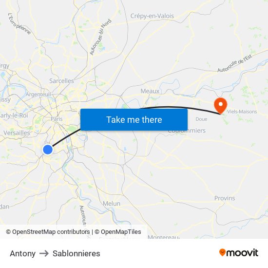 Antony to Sablonnieres map