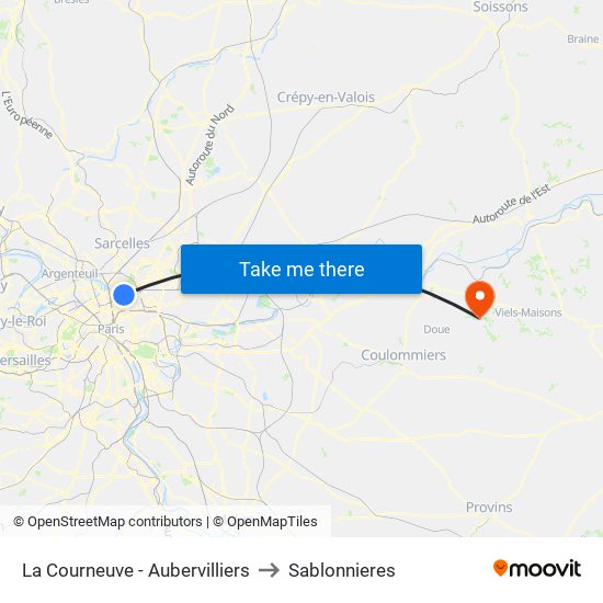 La Courneuve - Aubervilliers to Sablonnieres map