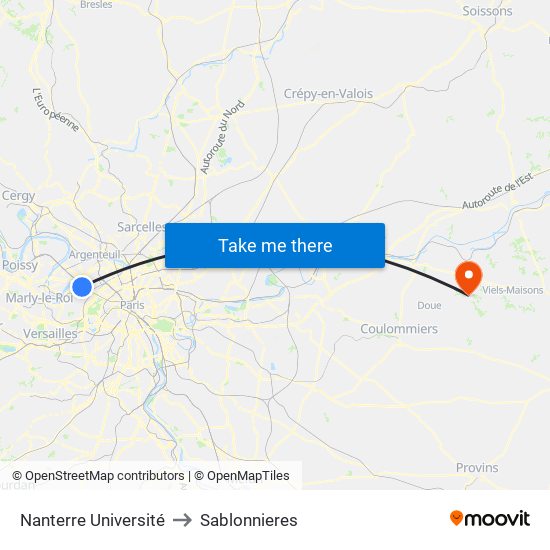 Nanterre Université to Sablonnieres map