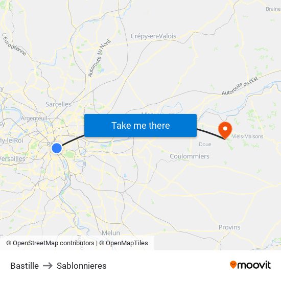 Bastille to Sablonnieres map