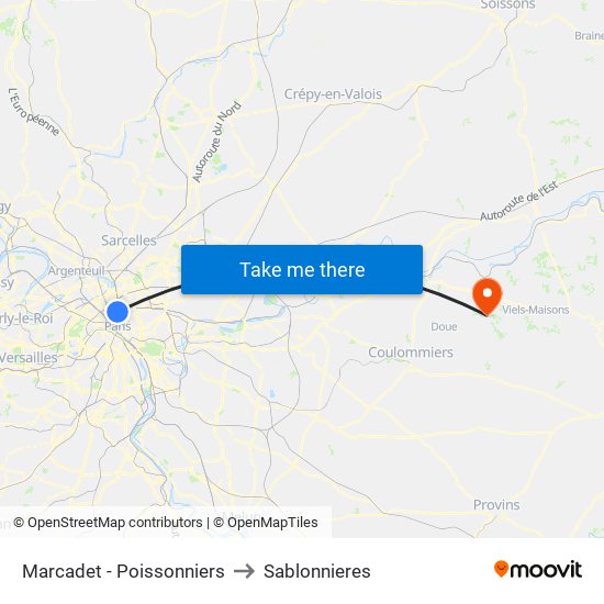 Marcadet - Poissonniers to Sablonnieres map