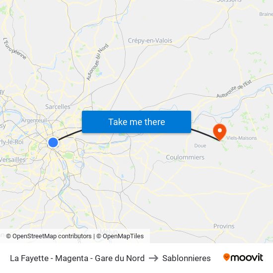 La Fayette - Magenta - Gare du Nord to Sablonnieres map