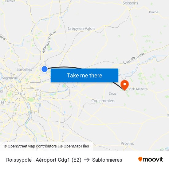 Roissypole - Aéroport Cdg1 (E2) to Sablonnieres map