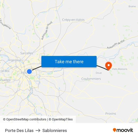 Porte Des Lilas to Sablonnieres map