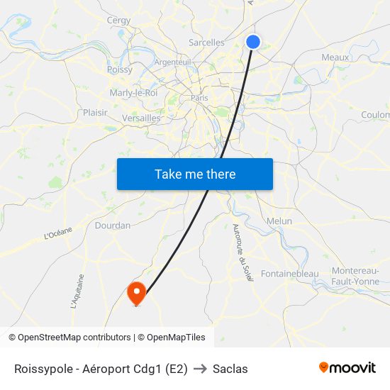 Roissypole - Aéroport Cdg1 (E2) to Saclas map