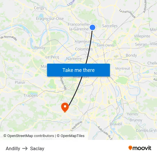 Andilly to Saclay map