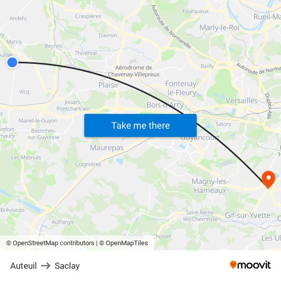 Auteuil to Saclay map