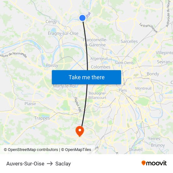 Auvers-Sur-Oise to Saclay map