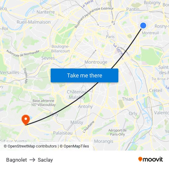 Bagnolet to Saclay map