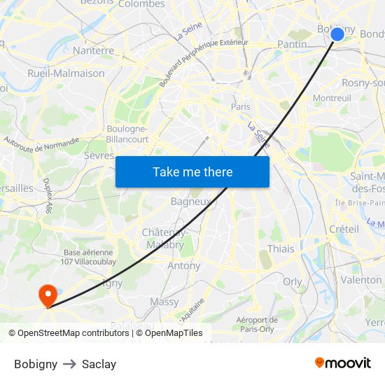 Bobigny to Saclay map