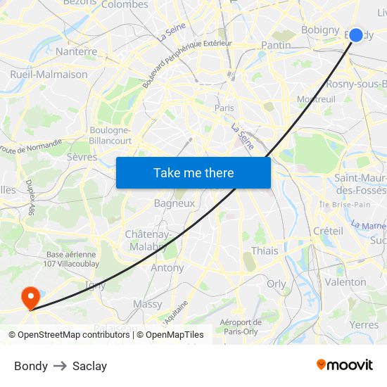 Bondy to Saclay map