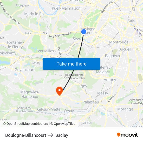 Boulogne-Billancourt to Saclay map