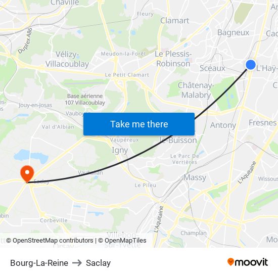 Bourg-La-Reine to Saclay map