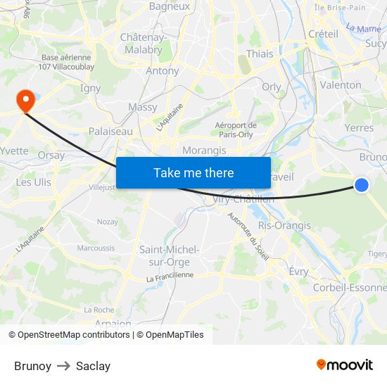 Brunoy to Saclay map