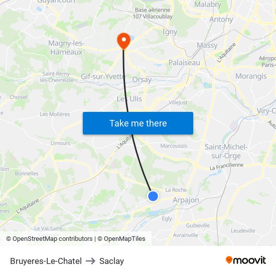 Bruyeres-Le-Chatel to Saclay map