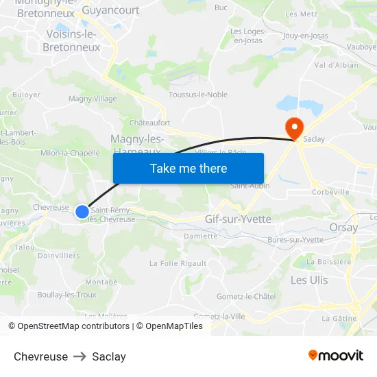 Chevreuse to Saclay map