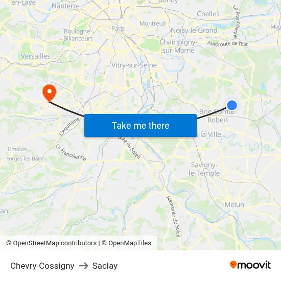 Chevry-Cossigny to Saclay map