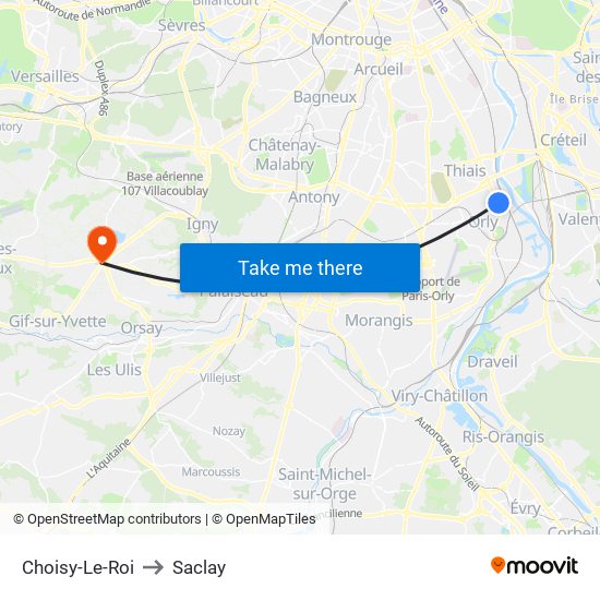 Choisy-Le-Roi to Saclay map