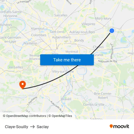 Claye-Souilly to Saclay map