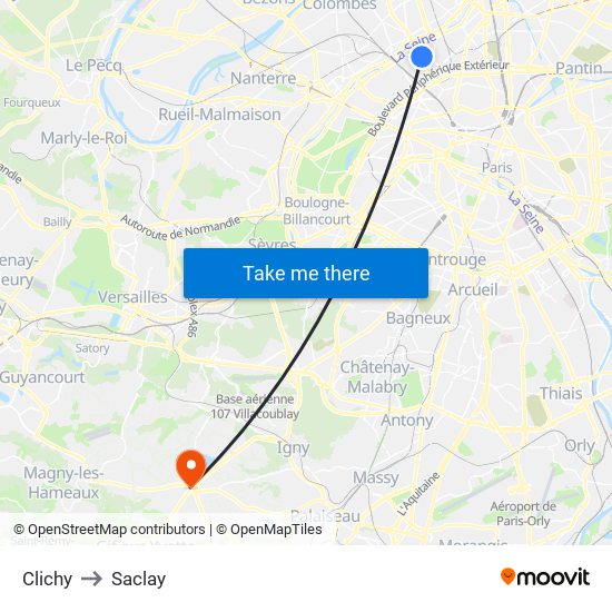 Clichy to Saclay map