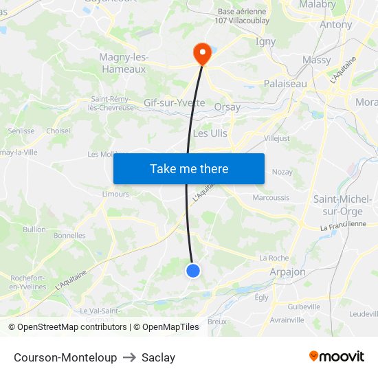 Courson-Monteloup to Saclay map
