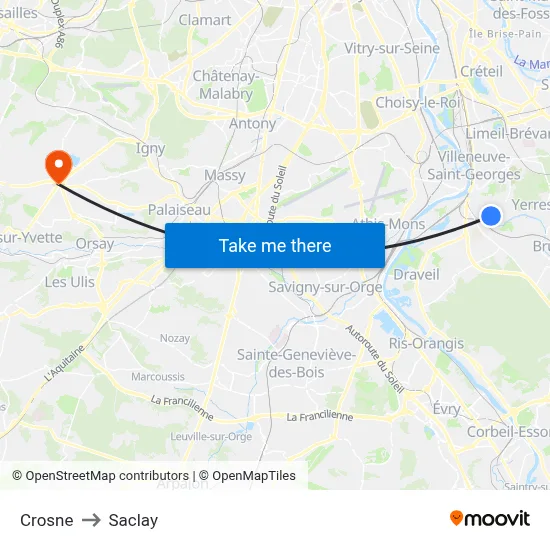 Crosne to Saclay map