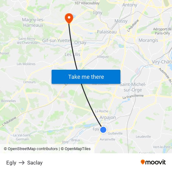 Egly to Saclay map