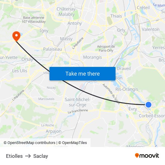 Etiolles to Saclay map