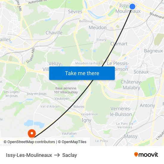 Issy-Les-Moulineaux to Saclay map