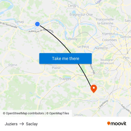 Juziers to Saclay map