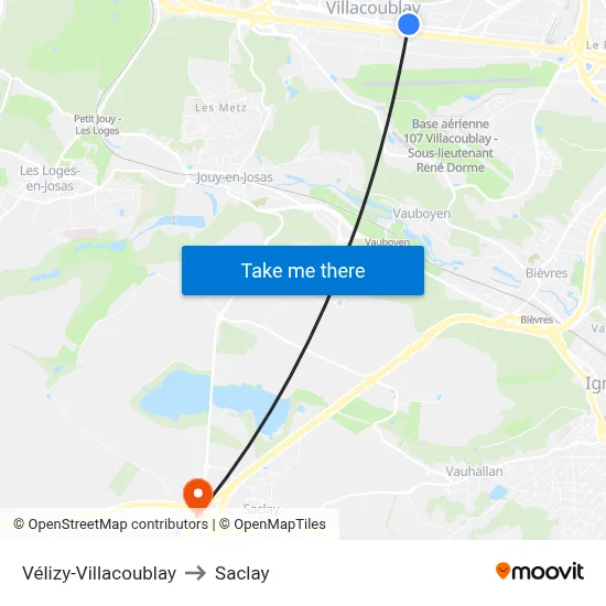 Vélizy-Villacoublay to Saclay map
