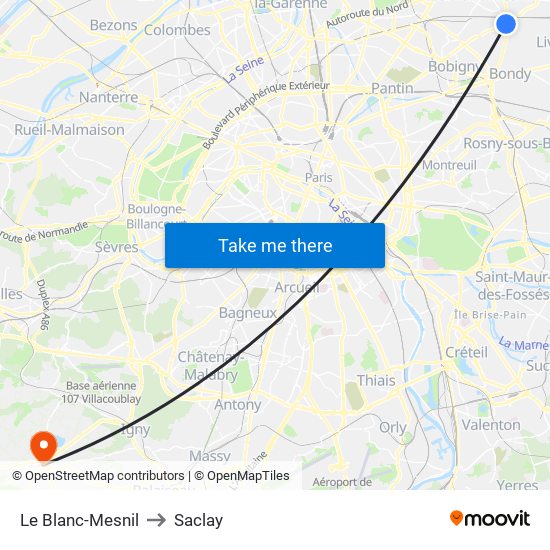 Le Blanc-Mesnil to Saclay map