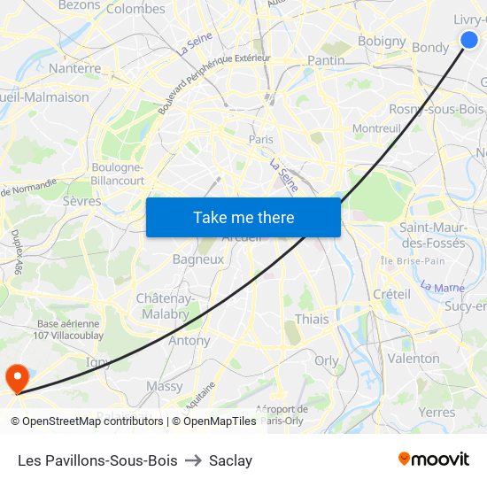 Les Pavillons-Sous-Bois to Saclay map