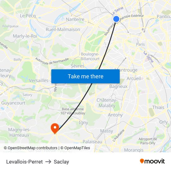 Levallois-Perret to Saclay map