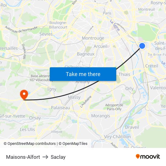 Maisons-Alfort to Saclay map