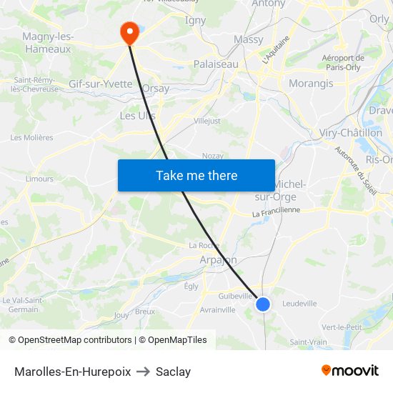Marolles-En-Hurepoix to Saclay map