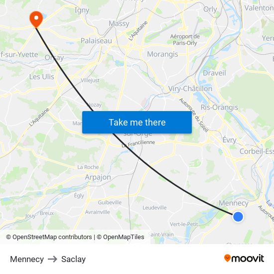 Mennecy to Saclay map