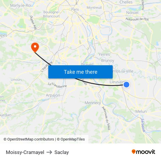 Moissy-Cramayel to Saclay map