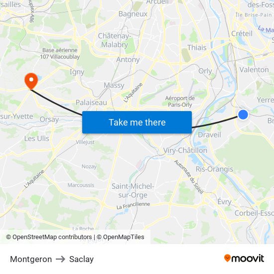 Montgeron to Saclay map