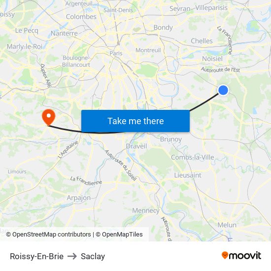 Roissy-En-Brie to Saclay map