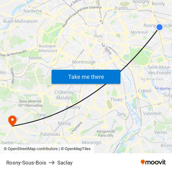 Rosny-Sous-Bois to Saclay map
